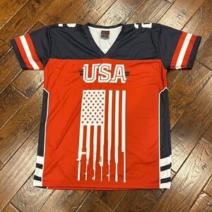 Men’s USA Second Amendment Red White Blue Jersey Style Shirt Size XL USED